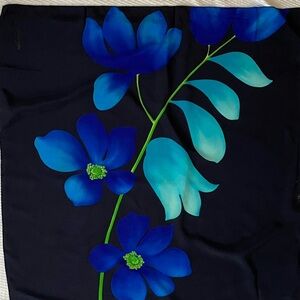 Pier Olivier Blue Green Black Floral Silk Scarf Rolled Edges